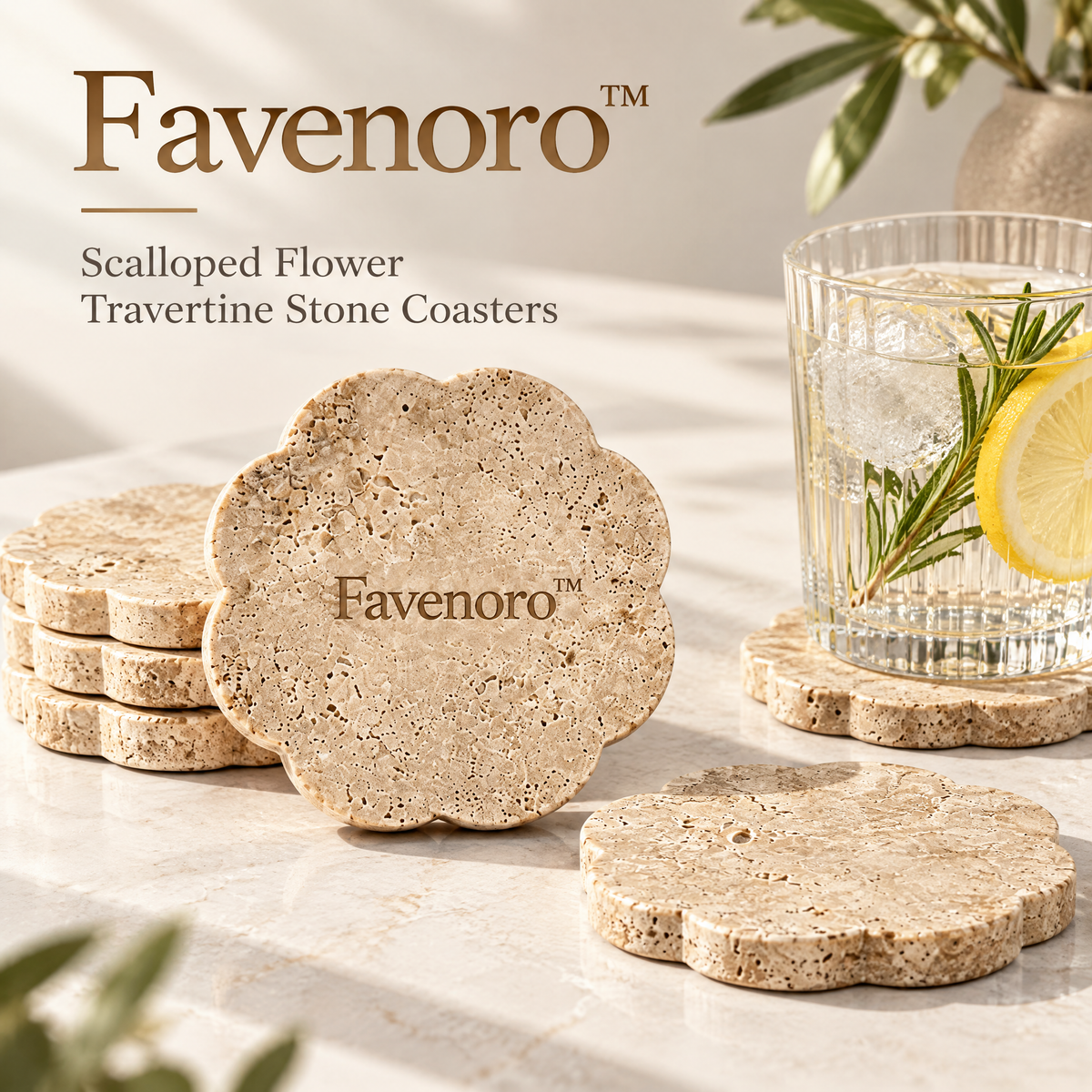 Favenoro™ Scalloped Flower Travertine Stone Coaster Set