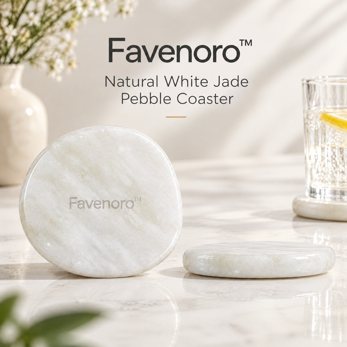 Favenoro™ Natural White Jade Pebble Drink Coaster