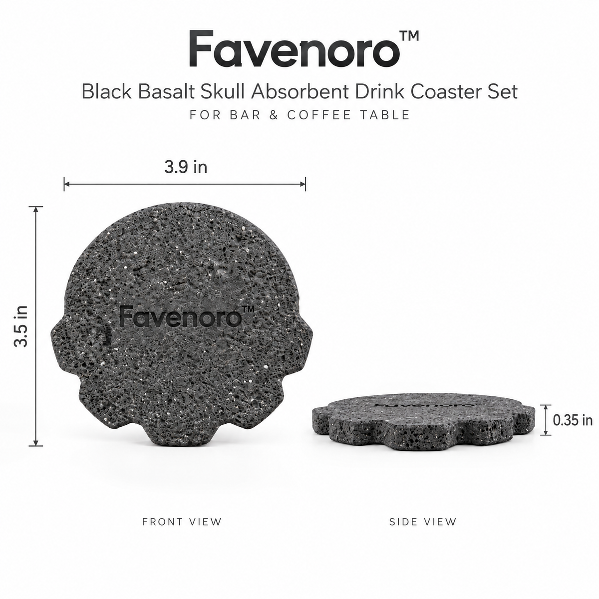 Favenoro™ Black Basalt Skull Absorbent Drink Coaster Set