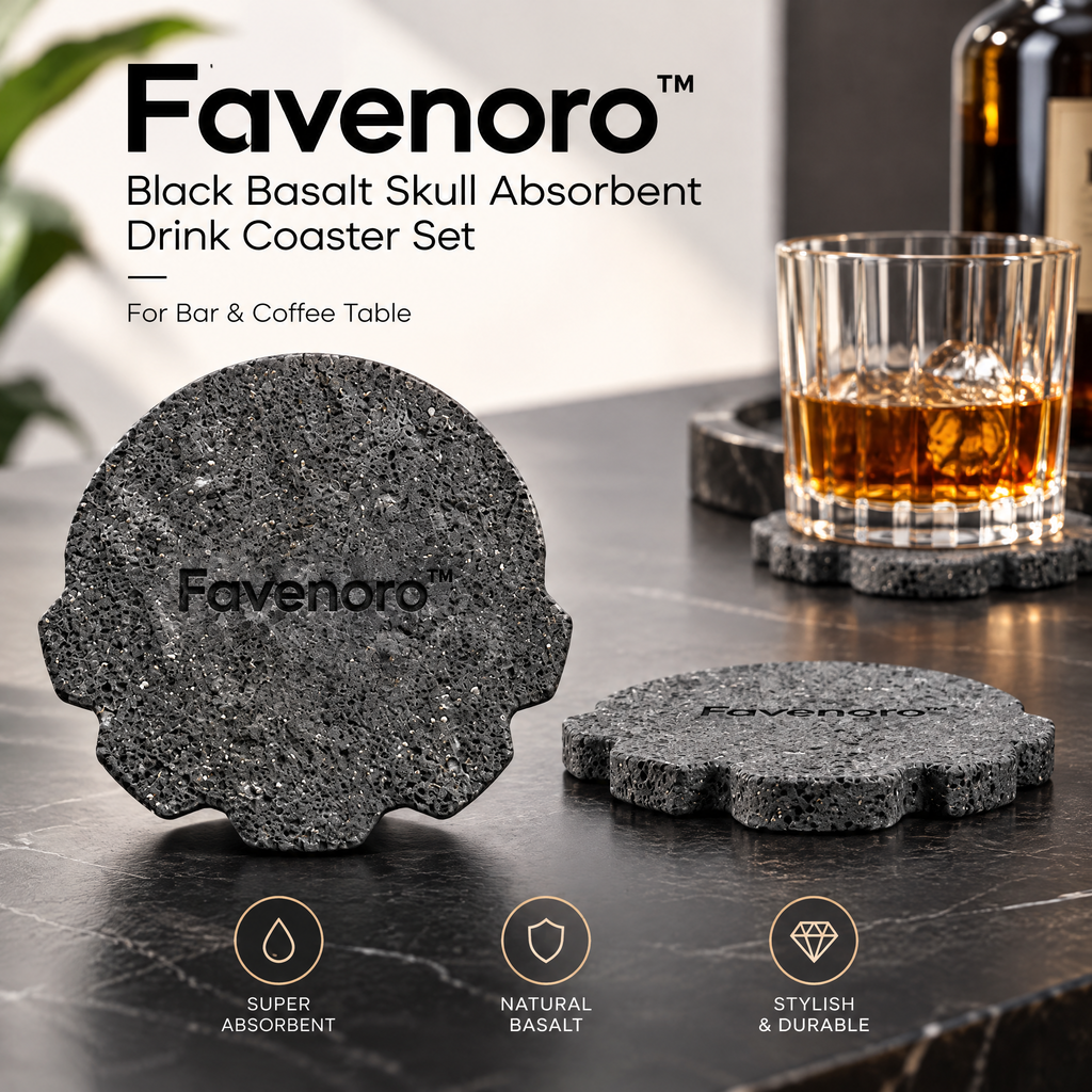 Favenoro™ Black Basalt Skull Absorbent Drink Coaster Set