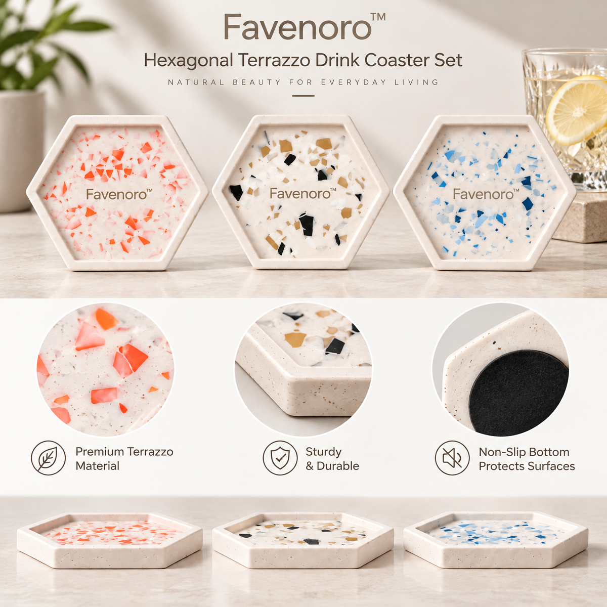 Favenoro™ Hexagonal Terrazzo Drink Coaster Set