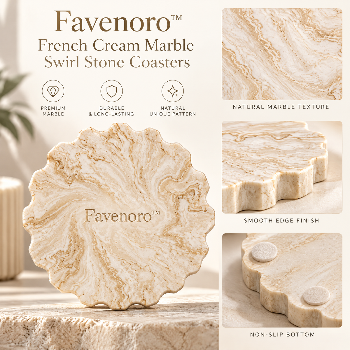 Favenoro™ French Cream Marble Swirl Stone Coasters