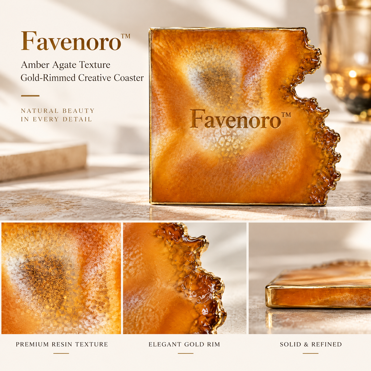 Favenoro™ Amber Agate-Inspired Gold-Rimmed Decorative Coaster
