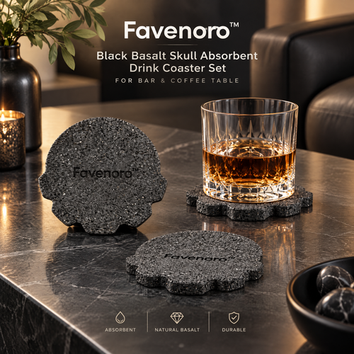 Favenoro™ Black Basalt Skull Absorbent Drink Coaster Set