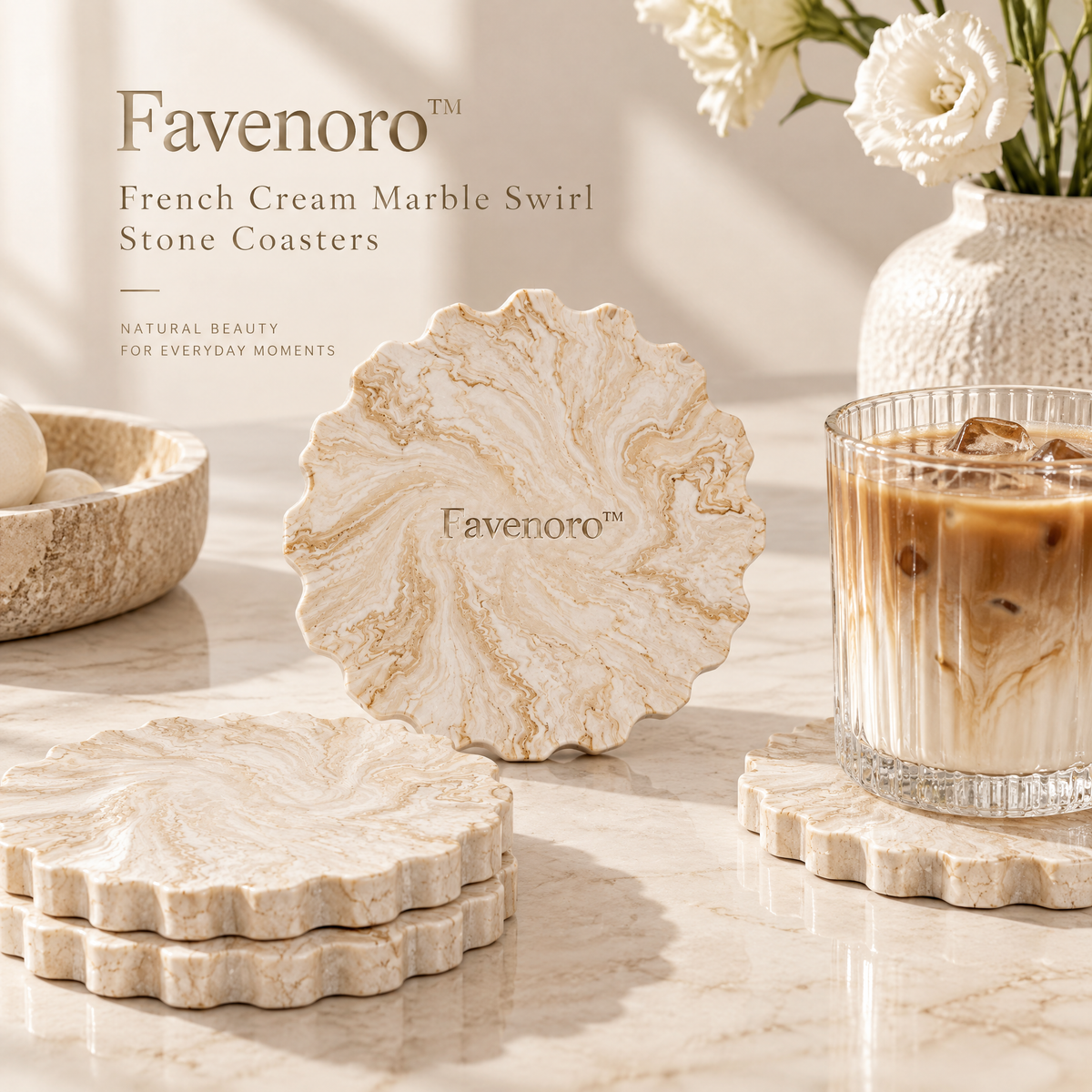 Favenoro™ French Cream Marble Swirl Stone Coasters
