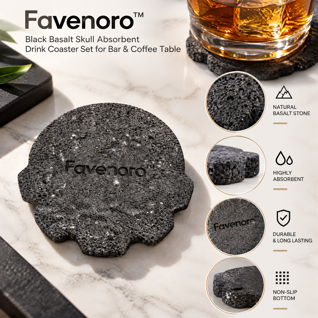 Favenoro™ Black Basalt Skull Absorbent Drink Coaster Set